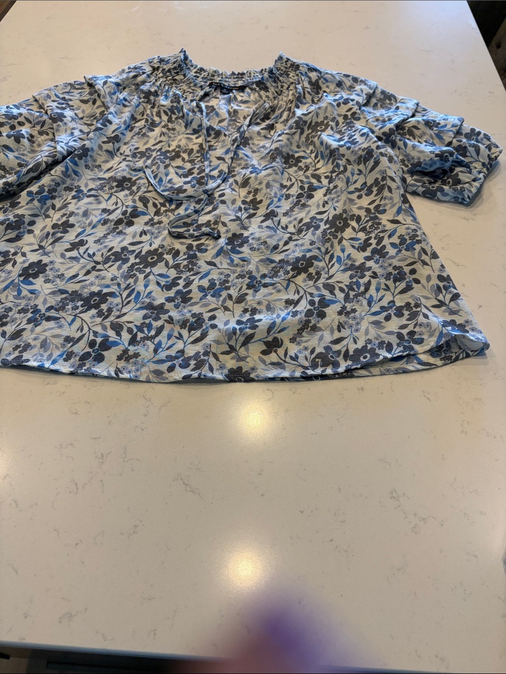 Zac & Rachel Blue Floral Tie-Neck Puff Sleeve Blouse